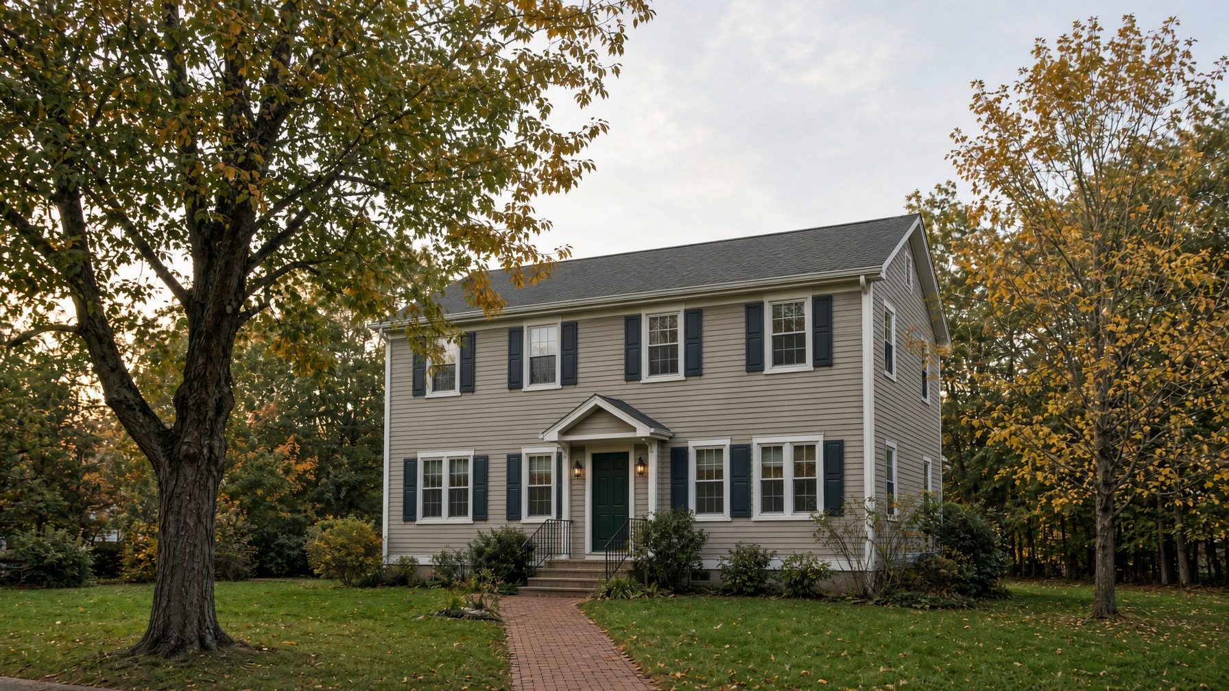 A two-story clapboard apartment building with dark green trim, framed by mature trees.