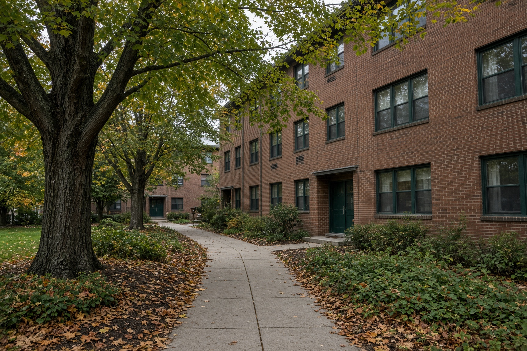 A brick apartment building and a walk under mature trees.